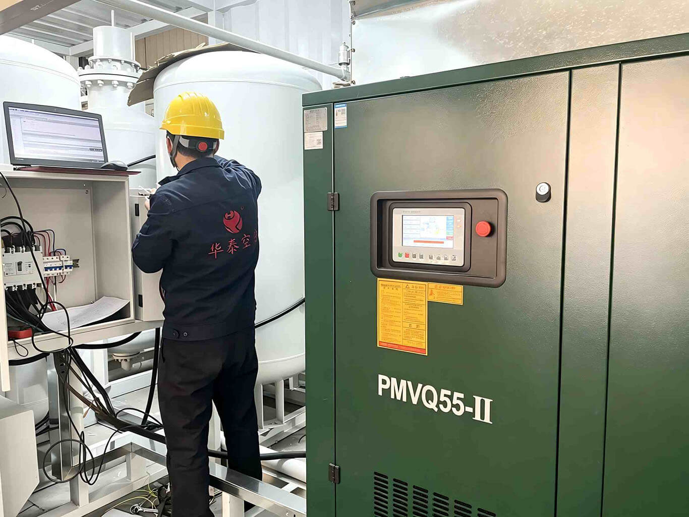 Huatai engineer testing containerized nitrogen generator performance in workshop testing process