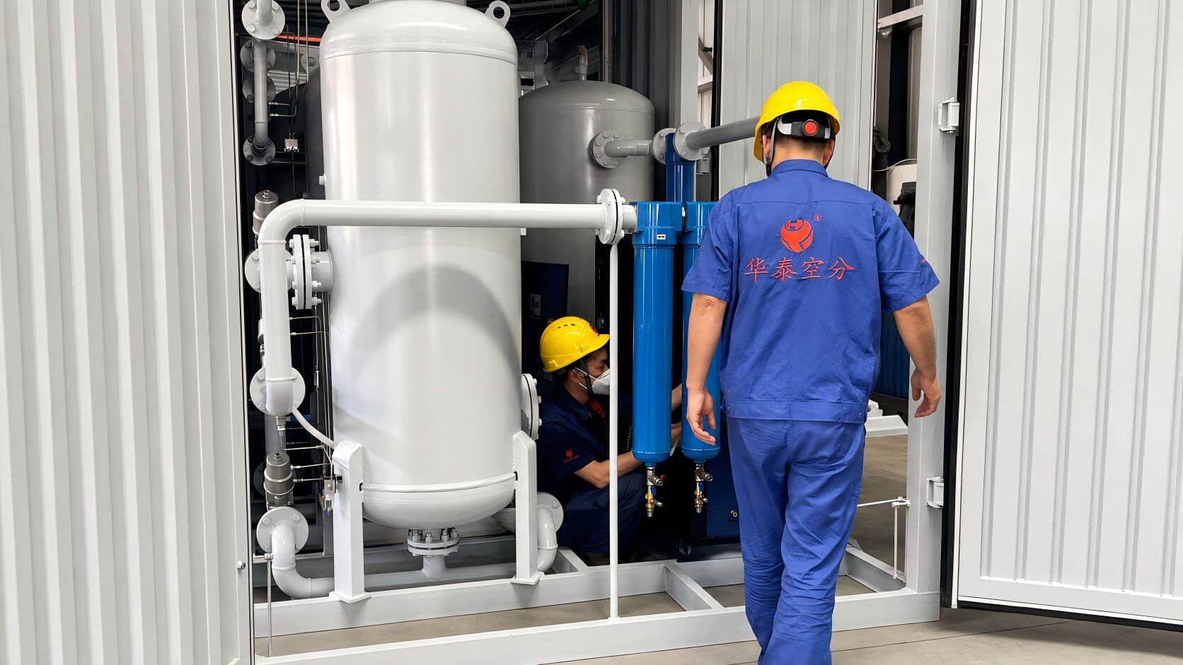 Huatai engineers assembling a custom containerized nitrogen generator for a customer