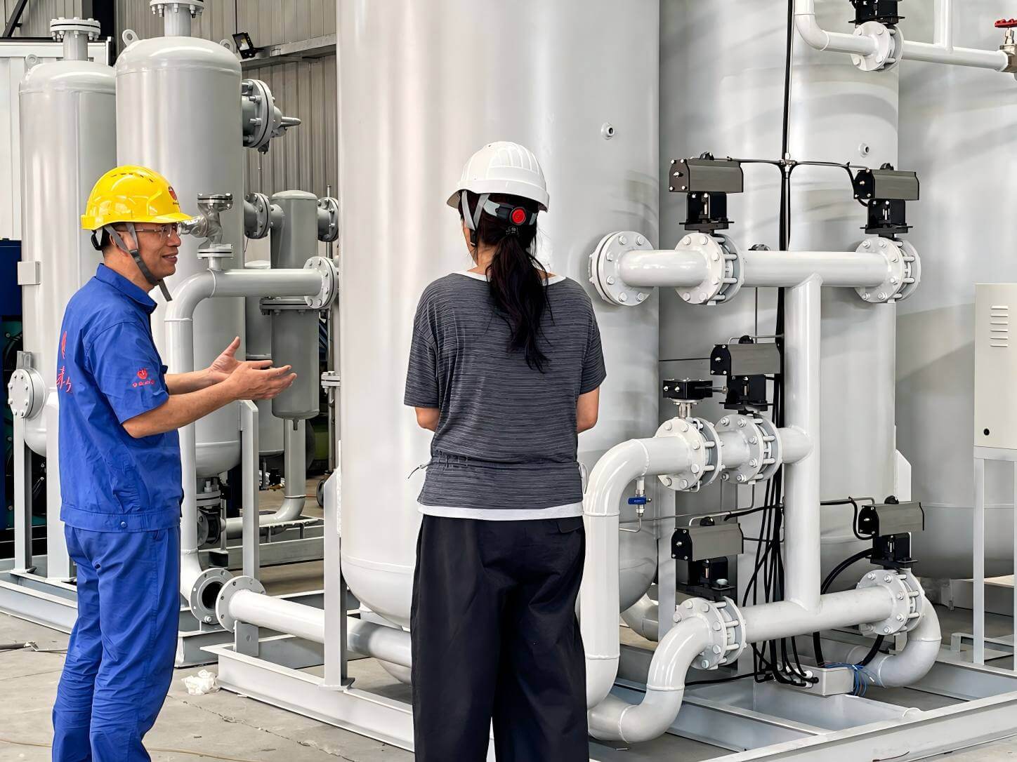 Huatai founder discussing a PSA nitrogen generator solution with a customer